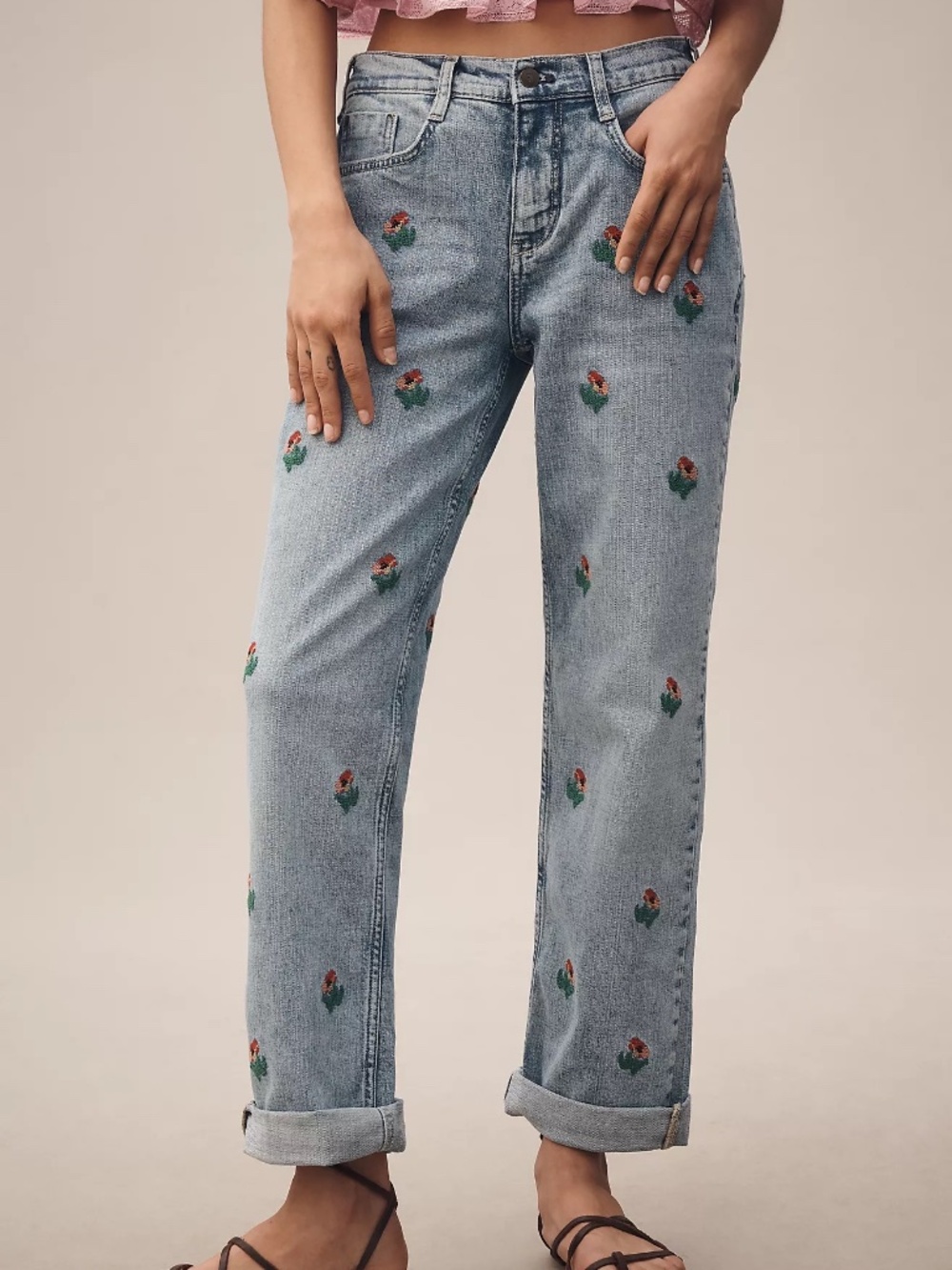 Pilcro Baggy Slim Boyfriend Embroidered High-Rise Relaxed Jeans - Picture 2 of 6